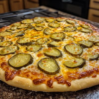 A pizza with pickles on top.