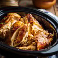 A bowl of chicken with a spoon in it.