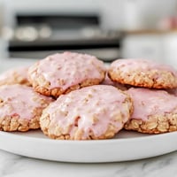 A plate of pink iced oatmeal cookies.