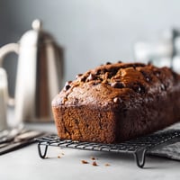 A loaf of chocolate banana bread on a cooling rack.