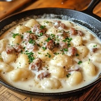 A dish of creamy gnocchi with sausage.