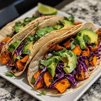 A plate of vegan sweet potato tacos.