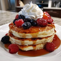 A stack of classic buttermilk pancakes with berries on top.