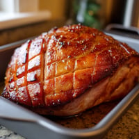 A honey-glazed ham in a pan.
