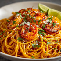 A bowl of shrimp and pasta.