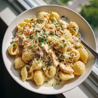 A plate of pasta with chicken and cheese.