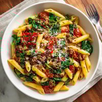 A bowl of pasta with ground beef and spinach.