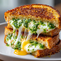 A grilled cheese sandwich with spinach and feta.