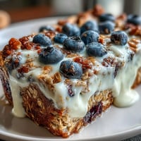 Clean Breakfast Blueberry Oatmeal Bake with Greek Yogurt Swirl fresh from the oven, featuring a golden top and marbled yogurt.