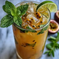 Vibrant passionfruit mojito with fresh mint and lime wedges, served over ice in a highball glass for a tropical cocktail experience.