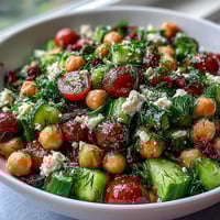 Easy Chickpea Cucumber Salad with Feta and Tomatoes - a colorful, protein-packed bowl of crisp cucumbers, juicy tomatoes, fresh herbs, and creamy feta in a zesty lemon dressing.  