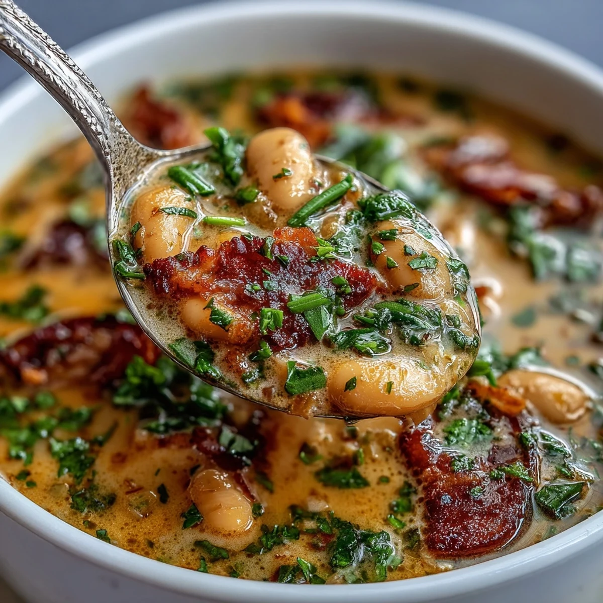 A comforting bowl of ham and butter bean soup with fresh parsley and chives, perfect for a cozy Southern meal.
