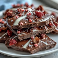 A glossy chocolate bark with swirls of dark and white chocolate, topped with vibrant freeze-dried strawberries and festive Valentine sprinkles.  