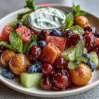 A colorful summer fruit platter with watermelon, cantaloupe, and berries arranged around a creamy honey-lime yogurt dip.