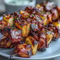 Juicy BBQ chicken and sweet pineapple skewers with red onion, grilled to perfection and brushed with smoky sauce.