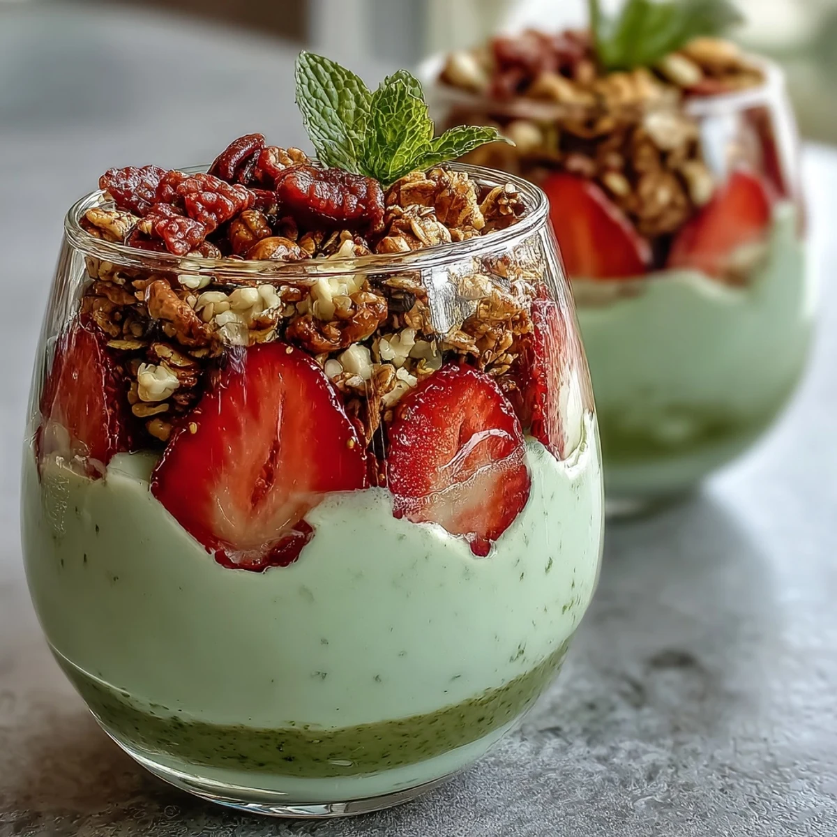 Layered strawberry matcha yogurt parfait with granola, fresh strawberries, and creamy matcha yogurt for a vibrant breakfast treat.
