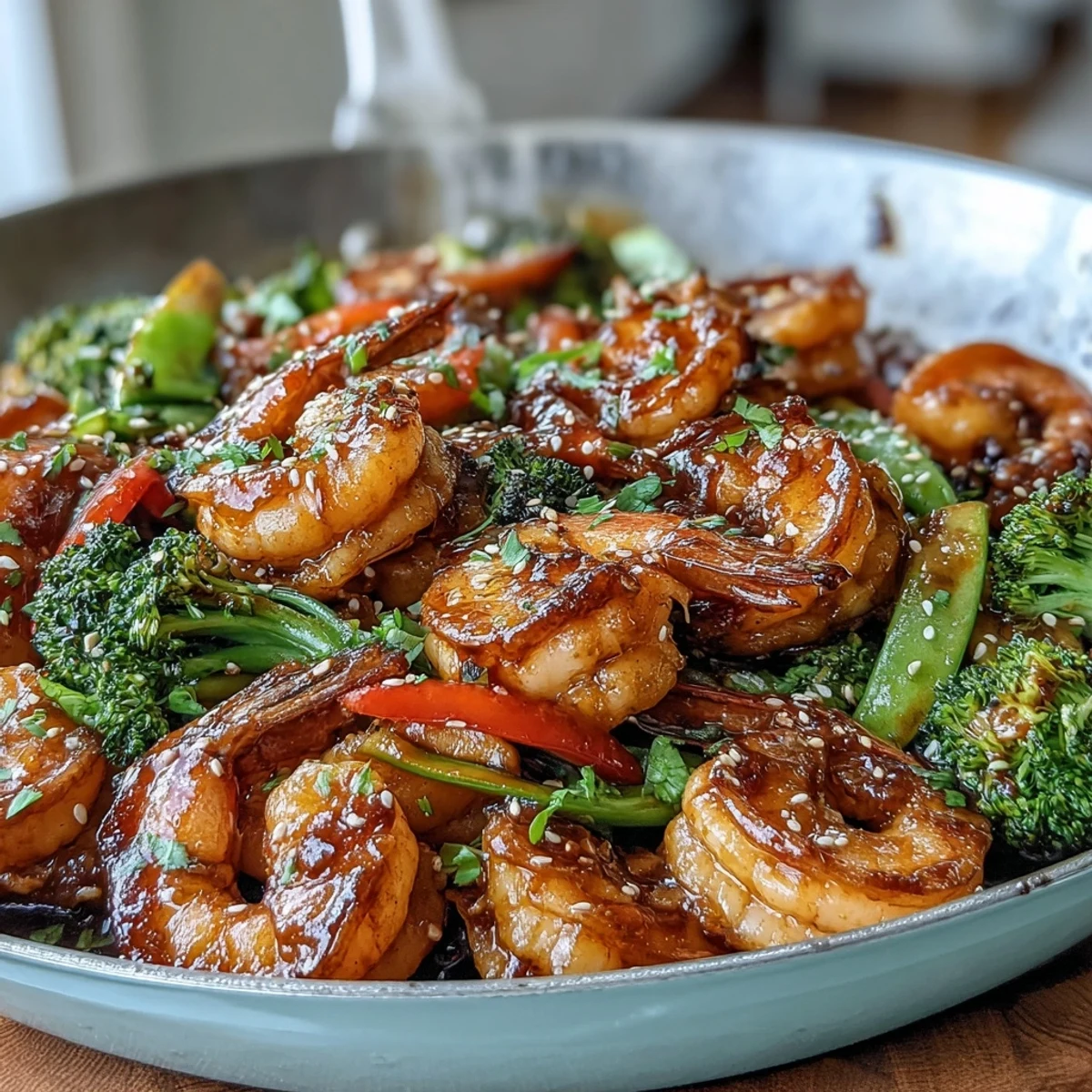 A colorful shrimp stir-fry with crisp bell peppers, broccoli, and carrots in a savory garlic-ginger sauce.