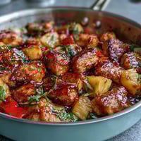 1. Sweet and sour chicken pineapple skillet with tender chicken, bell peppers, and juicy pineapple in a vibrant sauce, all cooked in one pan for a quick dinner.  