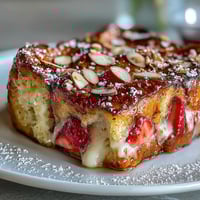 A golden baked French toast casserole filled with fresh strawberries, topped with crunchy almonds and dusted with powdered sugar.