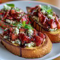 Vibrant balsamic strawberry bruschetta toasts with creamy goat cheese and fresh basil on golden toasted baguette.