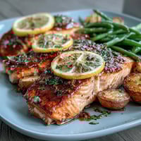 A colorful sheet pan meal with juicy salmon fillets, tender roasted potatoes, and crisp green beans, all glazed with zesty lemon and fragrant herbs.