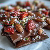 Dubai Chocolate Strawberry Bark with Pistachios and Almonds, a luxurious treat featuring rich dark chocolate, dried strawberries, and crunchy nuts.