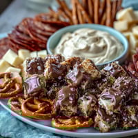 Game Day Baseball Snack Board with Pretzels and Dips: A festive spread of soft pretzels, assorted dips, and savory snacks, perfect for sharing at your next big game gathering.