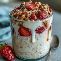 Creamy overnight oats with fresh strawberries, chia seeds, and crunchy granola for a nutritious, make-ahead breakfast.