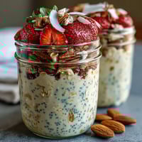 Healthy Easy Overnight Oats with Strawberry and Chia, layered with creamy oats, juicy strawberries, and chia seeds in a glass jar.