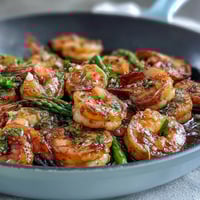 Healthy Easy One-Pan Lemon Garlic Shrimp and Asparagus: succulent shrimp and crisp asparagus tossed with zesty lemon-garlic sauce, roasted to perfection.