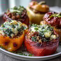 Colorful stuffed bell peppers filled with quinoa, herbs, and vegetables, baked to tender perfection for a wholesome dinner.