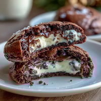 Cream cheese stuffed brownie mix cookies with gooey chocolate centers and a rich, fudgy texture.