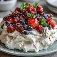 Mothers Day Pavlova with Mixed Berries: crisp meringue shell topped with whipped cream and vibrant fresh berries, perfect for celebrating mom.