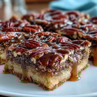 Kentucky Derby Pecan Pie Bars with bourbon glaze in a baking pan, golden crust topped with gooey pecan filling and drizzled with rich bourbon glaze.