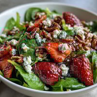 Spring Strawberry Spinach Salad with goat cheese and candied pecans in a large white bowl, vibrant red strawberries and green spinach contrasting beautifully.