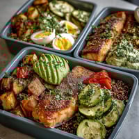 A colorful 5-day high protein meal prep with chicken, salmon, and roasted veggies.