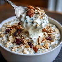 Creamy high protein overnight oats for fat loss, topped with colorful berries.