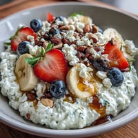 Creamy cottage cheese breakfast bowl with vibrant berries and crunchy toppings.