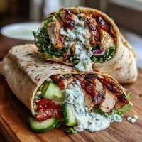 High protein chicken wrap with yogurt sauce, grilled chicken, crisp veggies, and creamy dill sauce in a whole wheat tortilla.