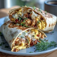 A hearty, protein-packed breakfast burrito with tender chicken and fluffy scrambled eggs wrapped in a warm tortilla.