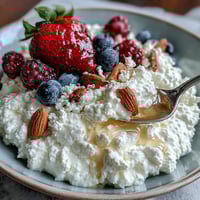 Creamy cottage cheese bowl topped with vibrant mixed berries and a golden honey drizzle for a refreshing, high-protein breakfast.