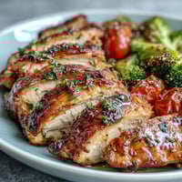 High protein chicken and vegetable meal prep featuring juicy roasted chicken breast and colorful roasted vegetables in a clear container.