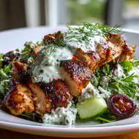 A vibrant bowl of low calorie high protein chicken salad with tender grilled chicken, crisp greens, and creamy yogurt dressing.  