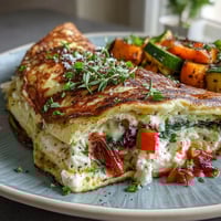 Fluffy low-calorie high-protein omelette loaded with colorful vegetables and herbs, perfect for a healthy breakfast or light meal.