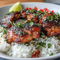 High protein chicken rice bowls with juicy grilled chicken, fluffy rice, and colorful sautéed vegetables.  