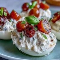 Creamy Caprese deviled eggs topped with basil oil, fresh mozzarella, and cherry tomatoes for a vibrant appetizer.  
