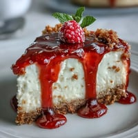 A slice of creamy no-bake cheesecake with a buttery biscuit base, topped with vibrant raspberry coulis and fresh berries.