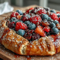 Rustic Summer Berry Galette with golden almond almond crust, bursting with flavor.
