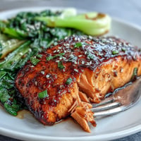 Miso glazed salmon with sesame bok choy, perfectly roasted and glistening.