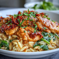 Creamy sun-dried tomato chicken orzo, a vibrant one-pan Mediterranean delight.